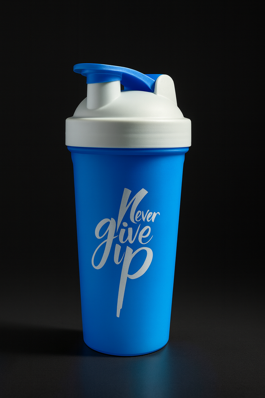 Never Give Up Printed White Blue Gym Shaker
