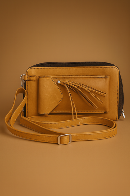 Leather Solid Tan Cross Tussel Women Wallet
