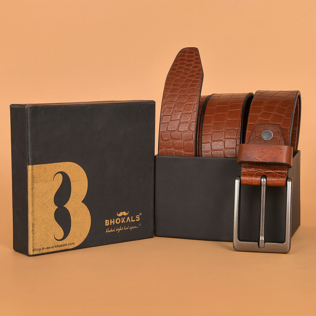 Bhokals Men Tan Brown Crocs Texture Leather Belt