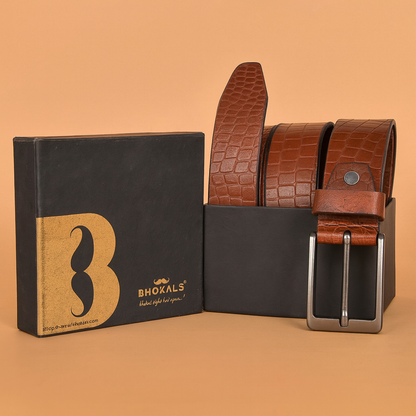 Bhokals Men Tan Brown Crocs Texture Leather Belt