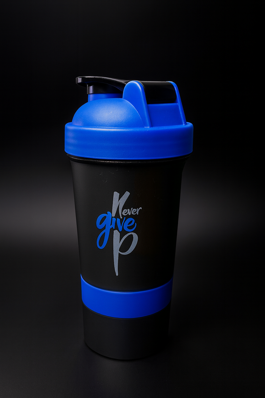 Never Give Up Printed Blue Black 3 in 1 Gym Shaker