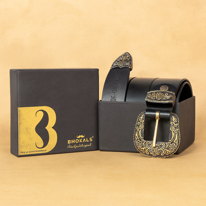Maharaja Men Golden Buckle Black Leather Belt