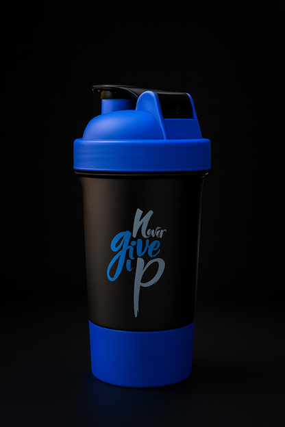 Never Give Up Printed Blue Black Gym Shaker