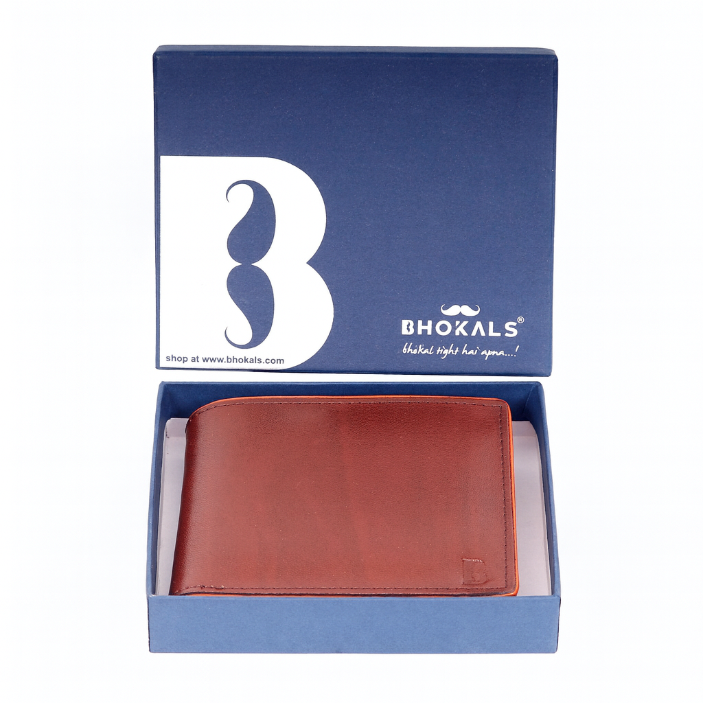 Leather Bifold Wallet, Brown with Orange Interior, Multiple Card Slots, ID Window, Classic Design