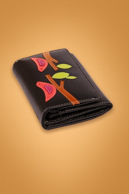 Leather Solid Black Red Bird Women Wallet