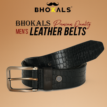 Bhokals Men Black Crocs Texture Leather Belt
