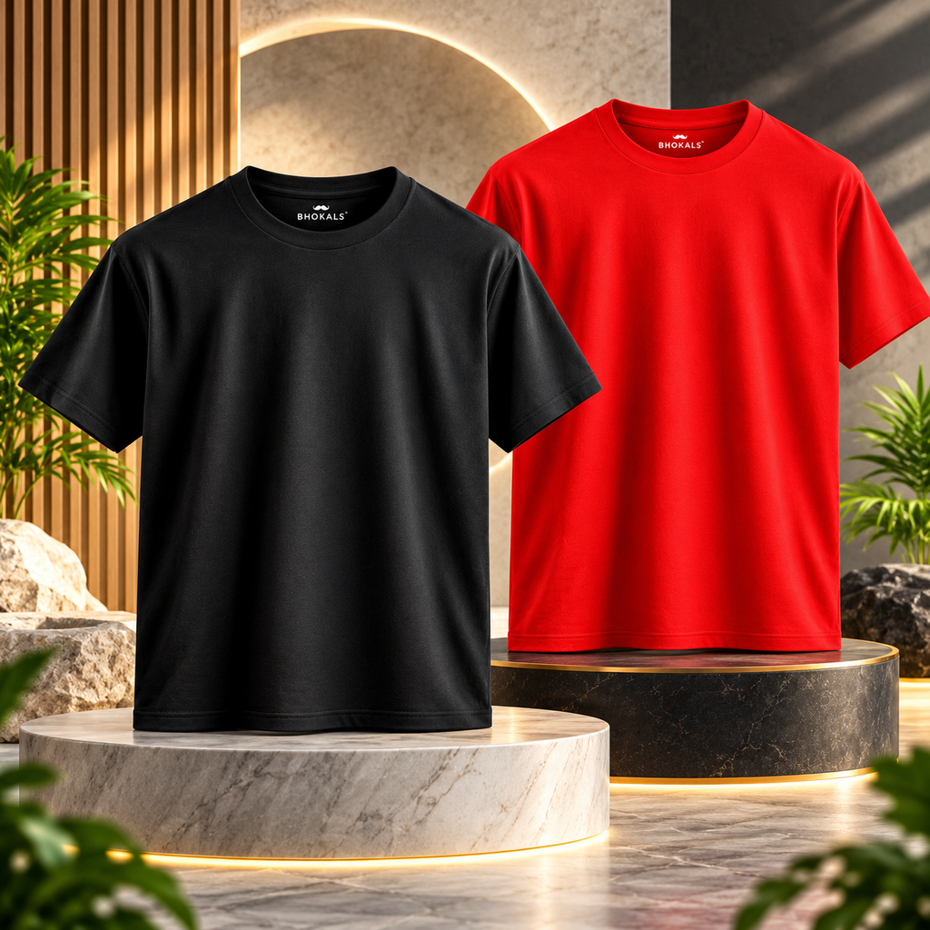 Bhokals Round Neck - Black & Red Regular T-Shirts - Pack of 2
