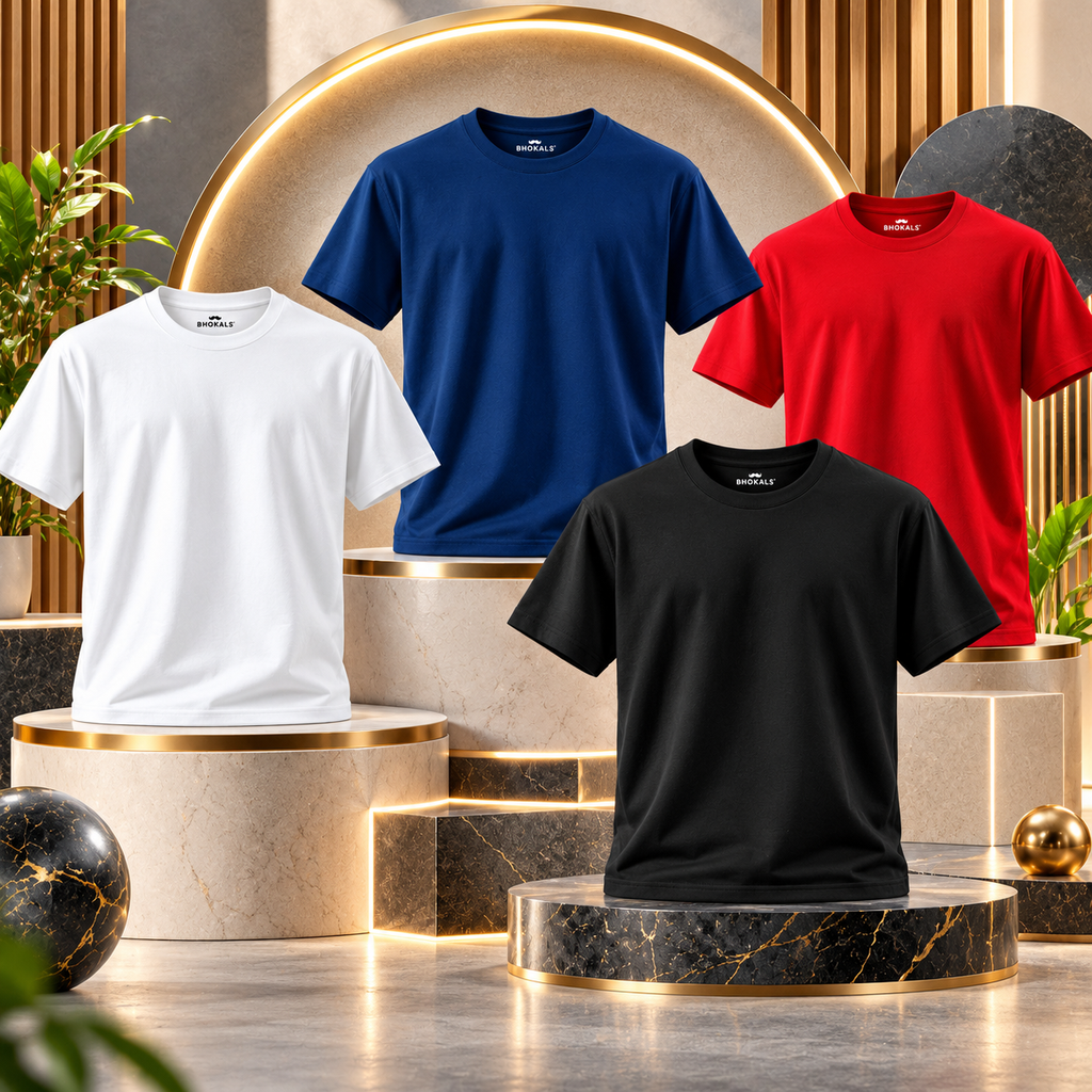 Bhokals Round Neck - Black, White, Red & Blue Regular T-Shirts - Pack of 4