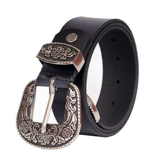 Bhokals Maharaja Men Silver Buckle Black Leather Belt