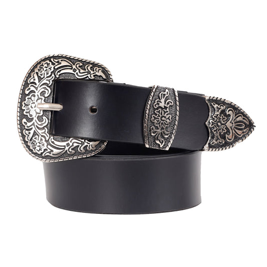 Bhokals Maharaja Men Silver Buckle Black Leather Belt