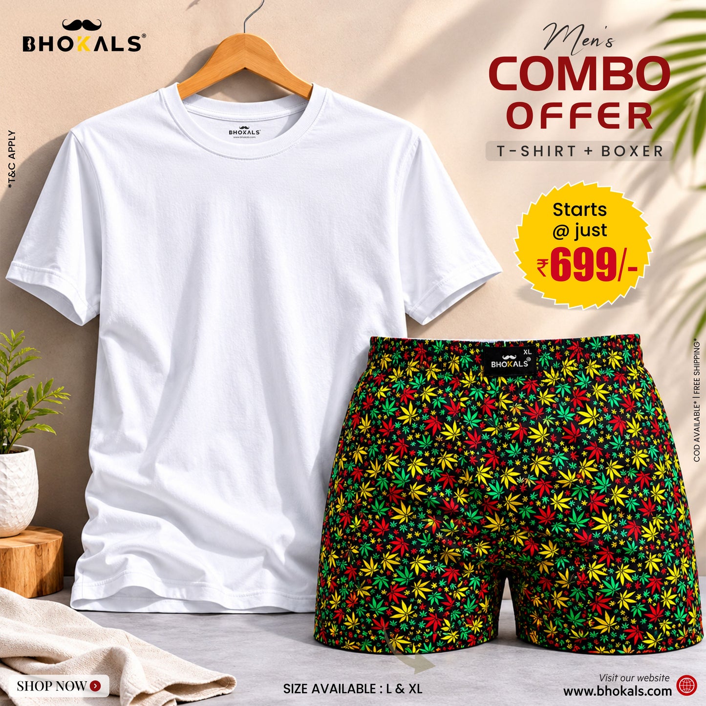 Bhokals Combo for men - Plain Black Tees + Green white textured Boxer | Super Soft | Premium Quality
