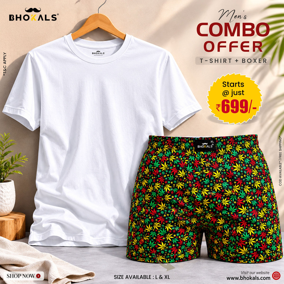 Bhokals Men’s Combo Pack – White T-Shirt & Black Flower Printed Cotton Boxer