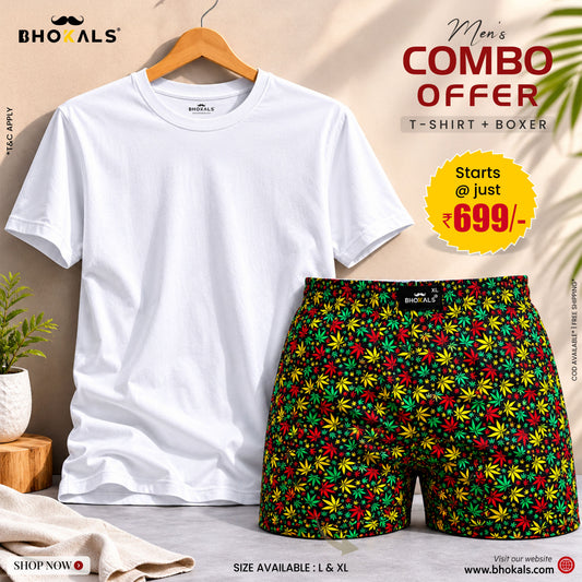 Bhokals Men’s Combo Pack – White T-Shirt & Black Flower Printed Cotton Boxer