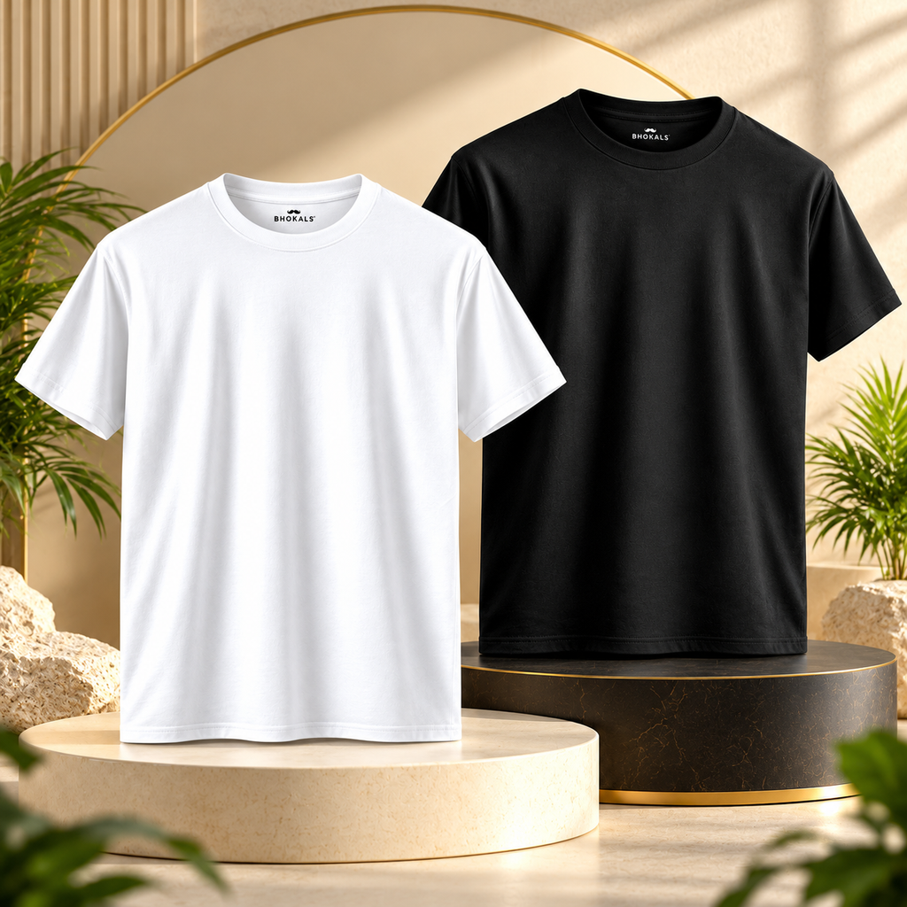 Bhokals Round Neck - Black & White Regular T-Shirts - Pack of 2