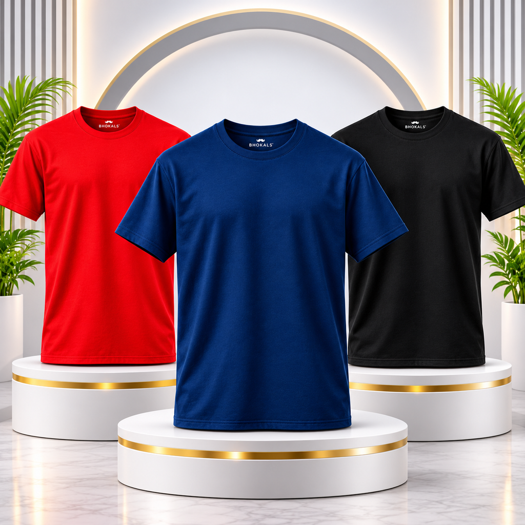 Bhokals Round Neck - Red, Blue & Black Regular T-Shirts - Pack of 3
