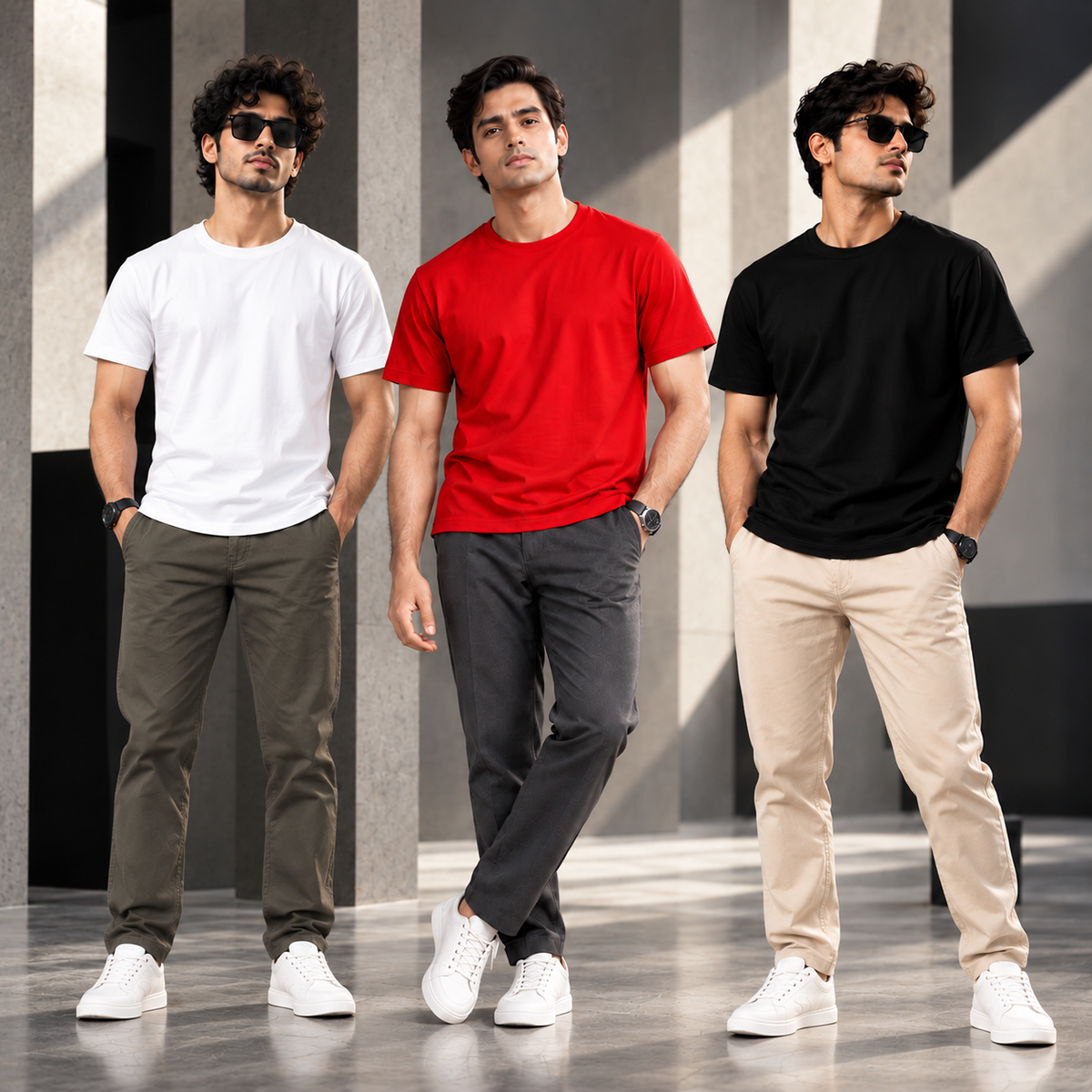 Bhokals Round Neck - White, Black, & Red Regular T-Shirts - Pack of 3