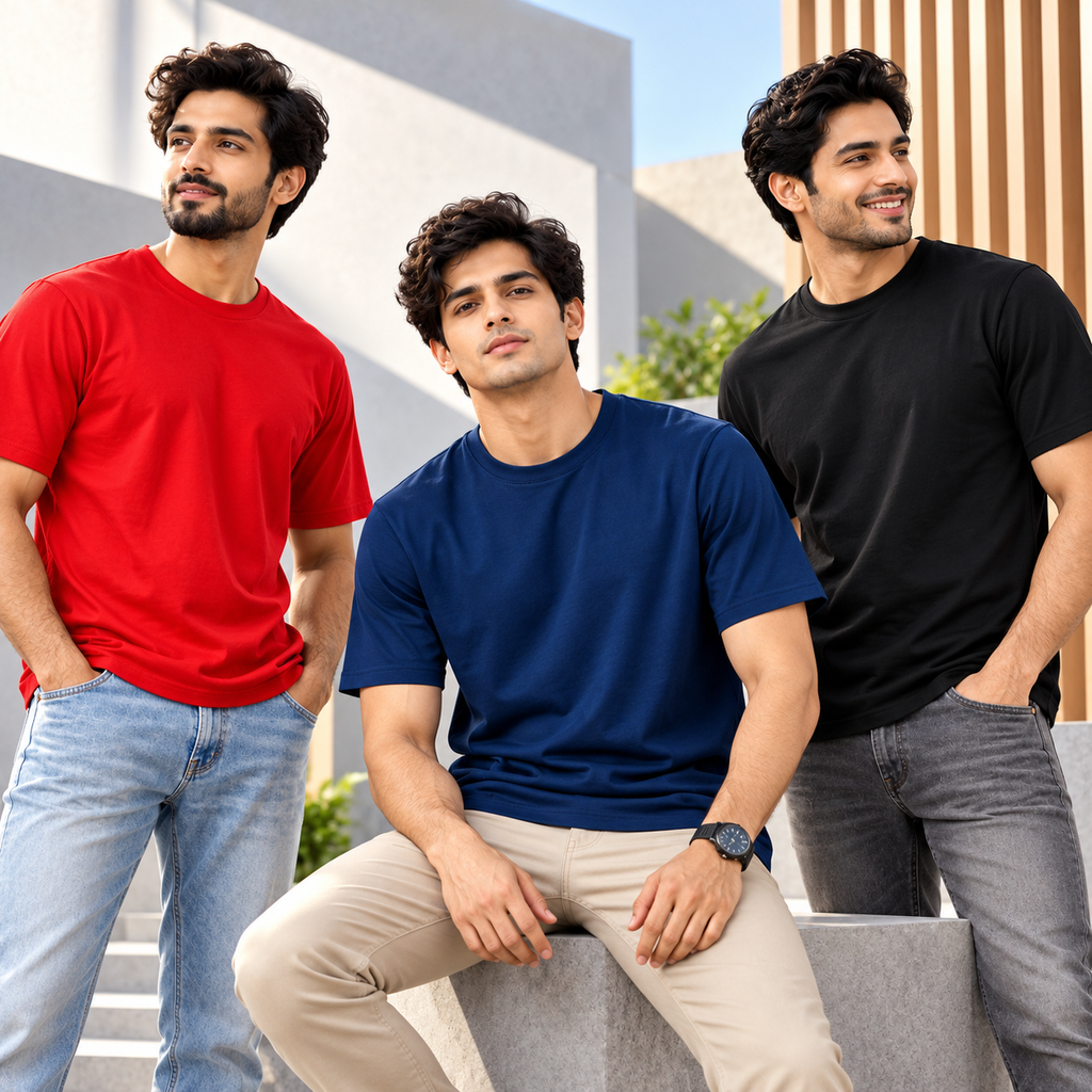 Bhokals Round Neck - Red, Blue & Black Regular T-Shirts - Pack of 3