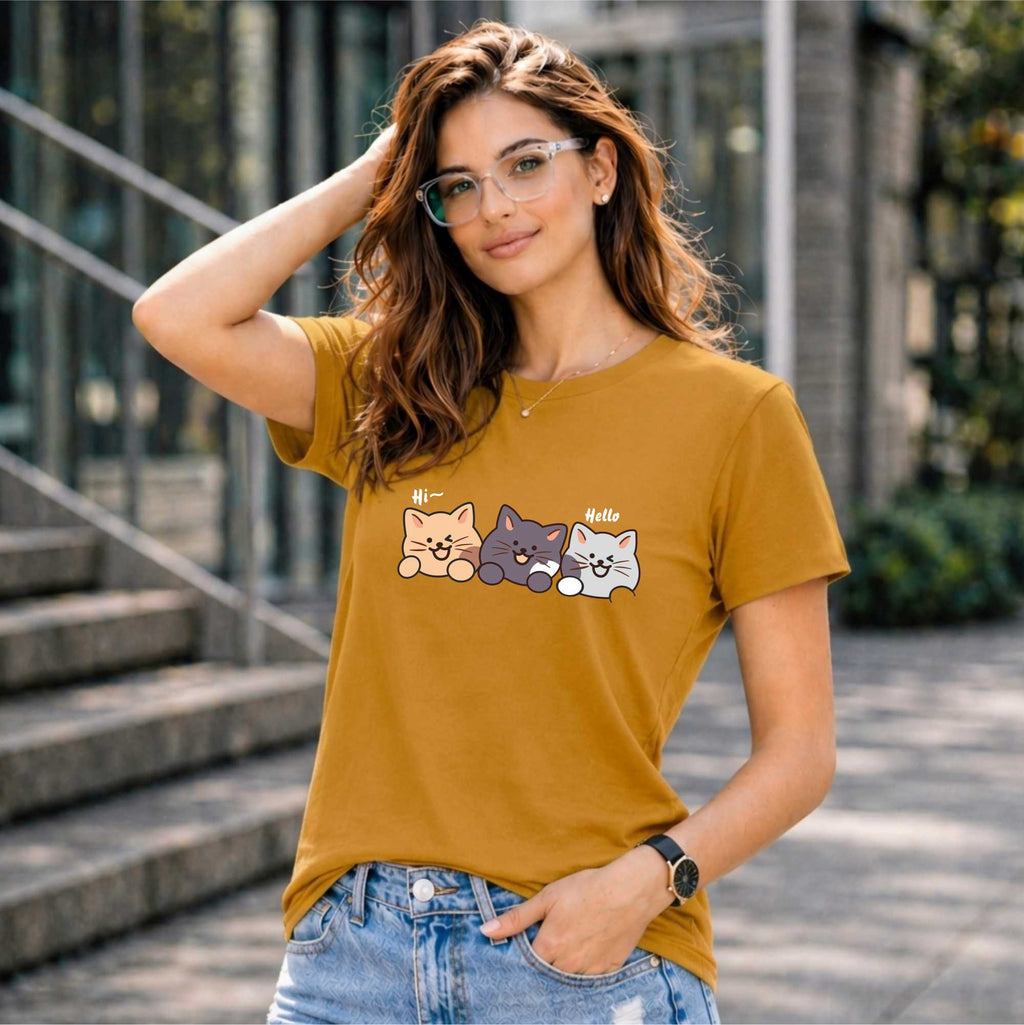 BHOKALS "Catties" Printed Women Cotton T-Shirt | Round Neck | Super Soft | Regular Fit