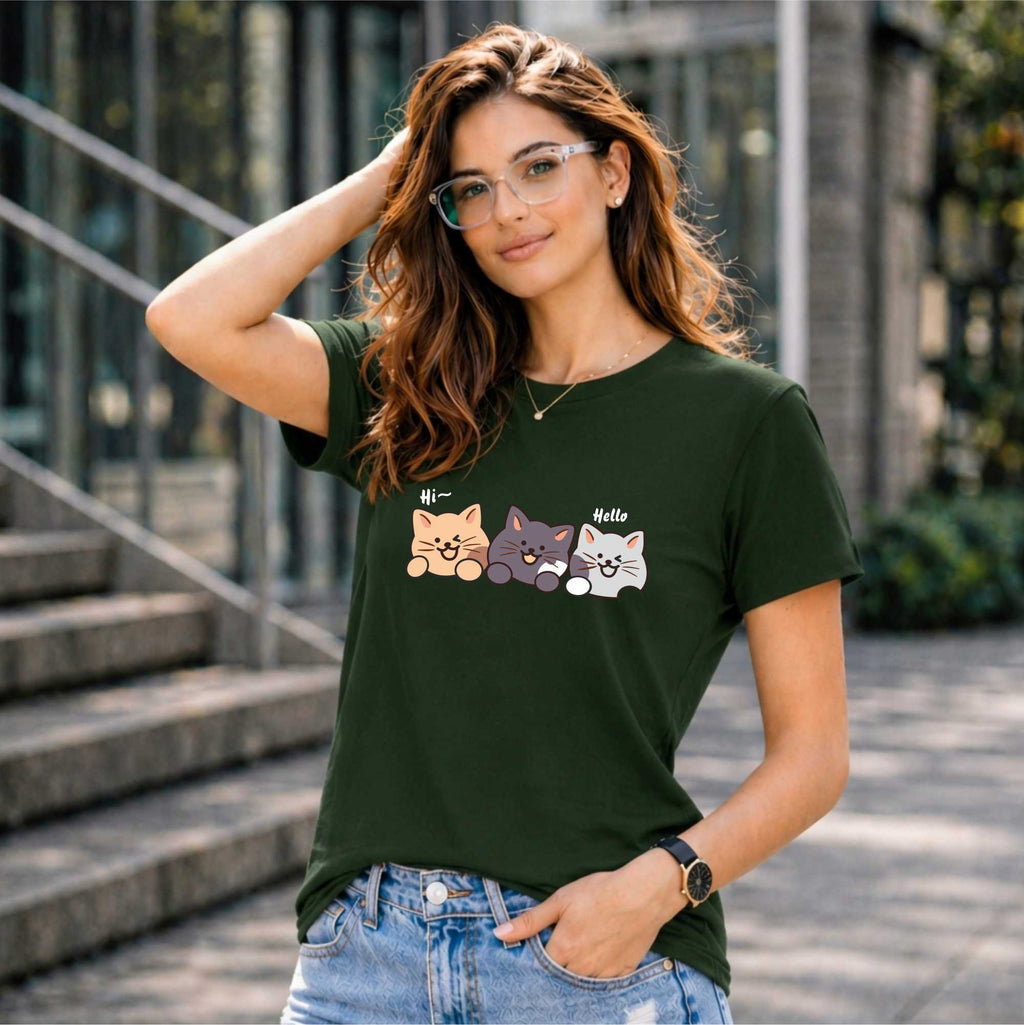 BHOKALS "Catties" Printed Women Cotton T-Shirt | Round Neck | Super Soft | Regular Fit