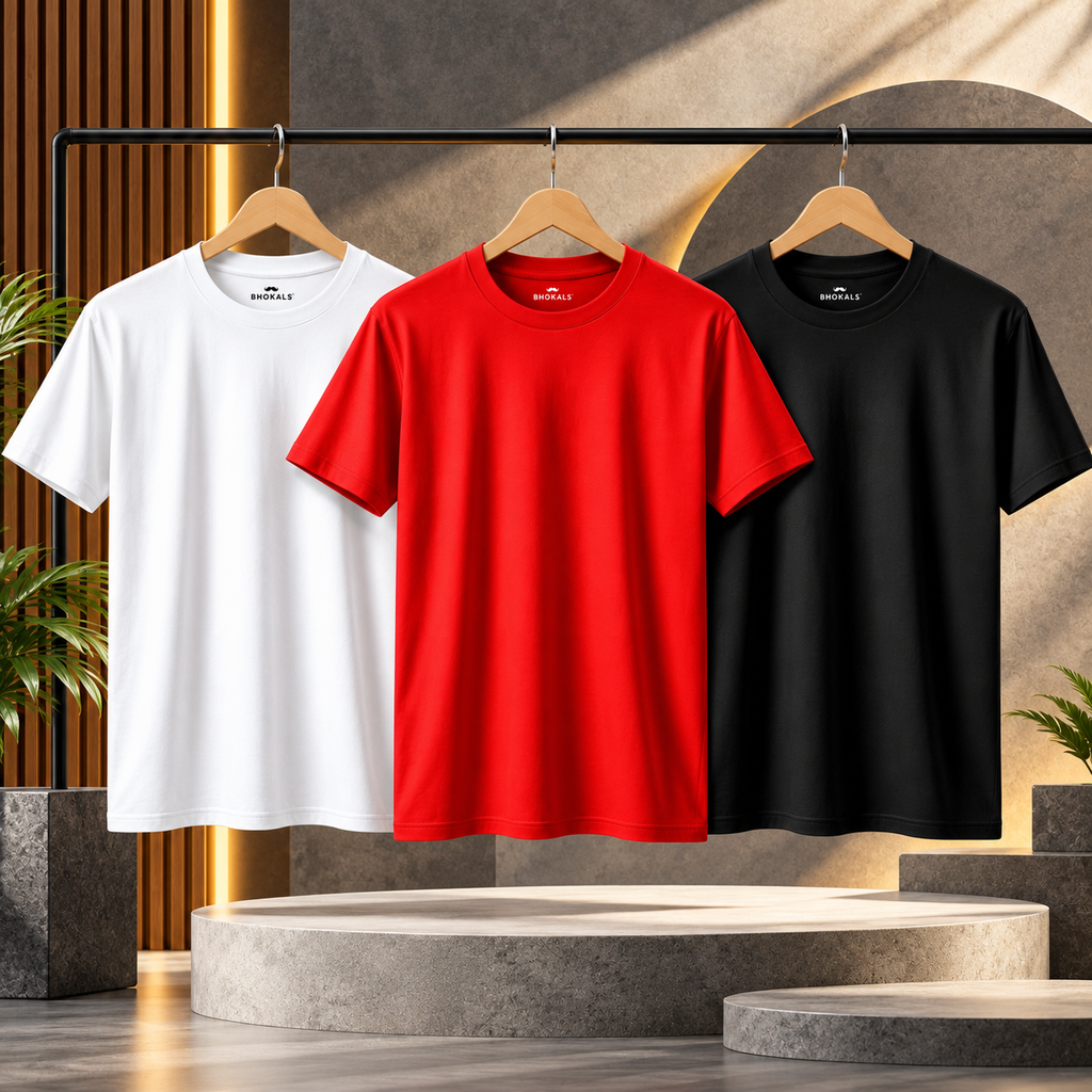Bhokals Round Neck - White, Black, & Red Regular T-Shirts - Pack of 3
