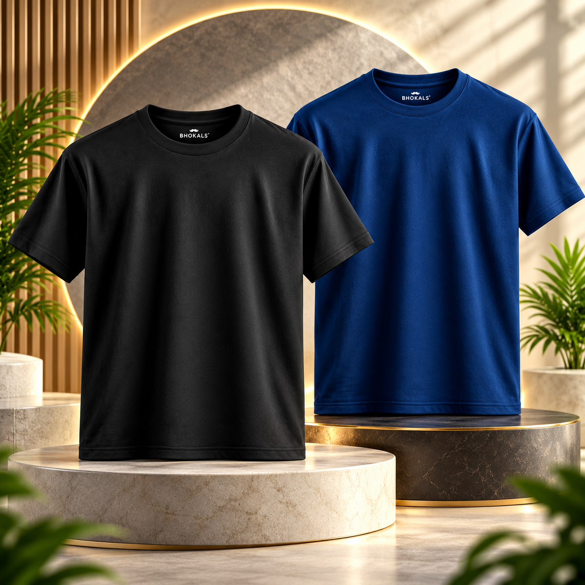 Bhokals Round Neck - Black & Blue Regular T-Shirts - Pack of 2