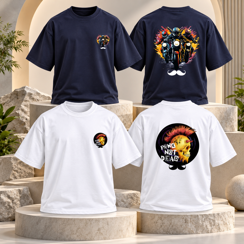 BHOKALS Men's Oversized Printed T-Shirt Combo Pack of 2 – Blue Biker & White Punk Graphic Tees