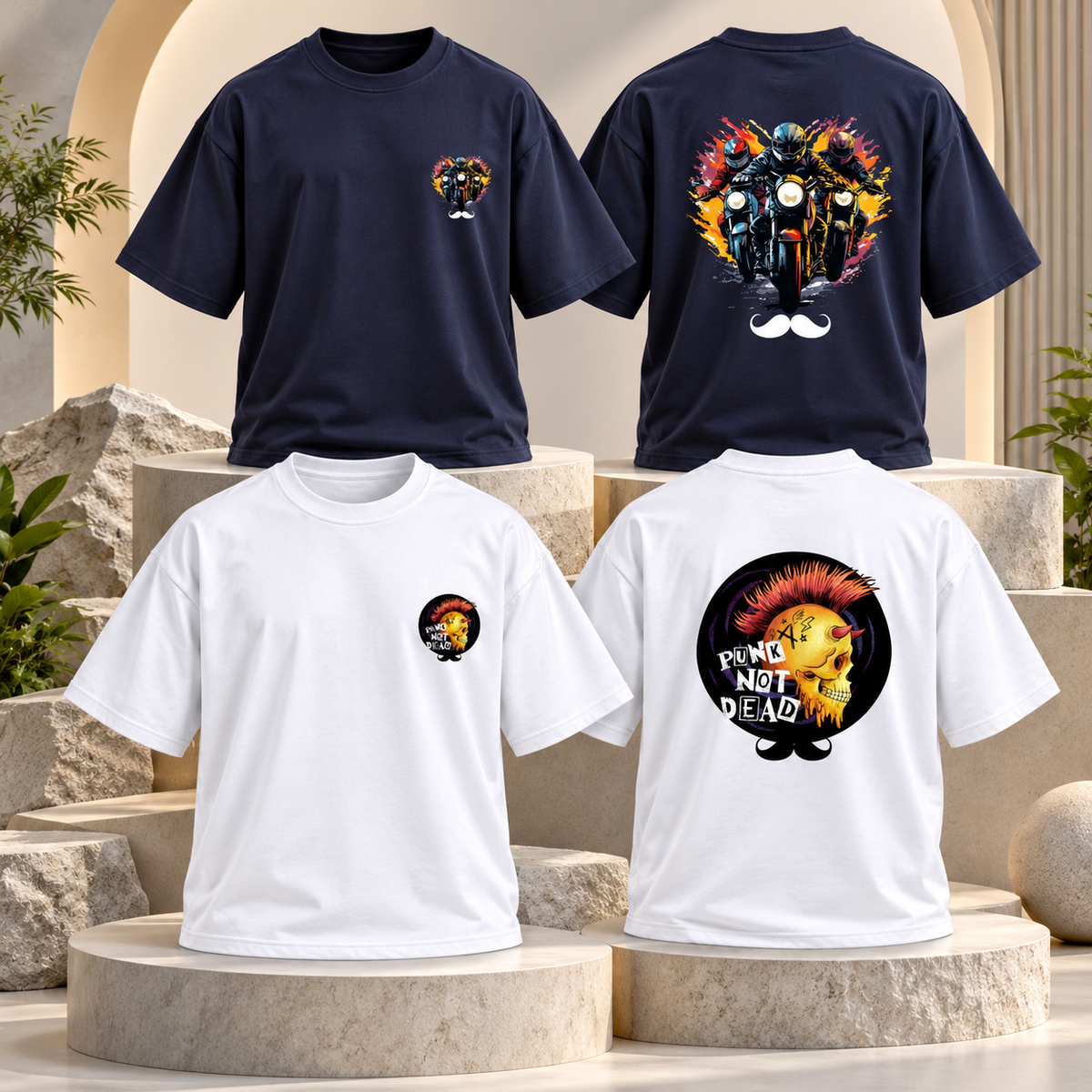 BHOKALS Men's Oversized Printed T-Shirt Combo Pack of 2 – Blue Biker & White Punk Graphic Tees