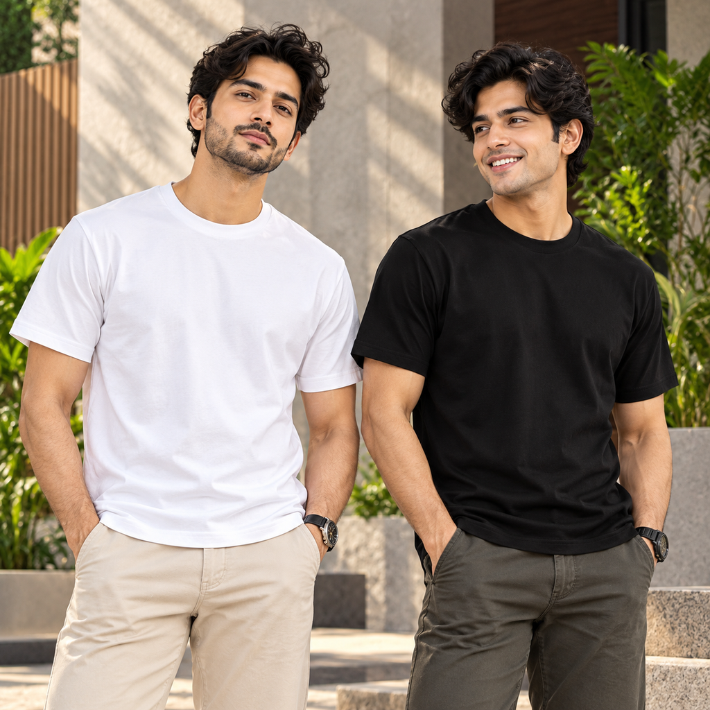 Bhokals Round Neck - Black & White Regular T-Shirts - Pack of 2