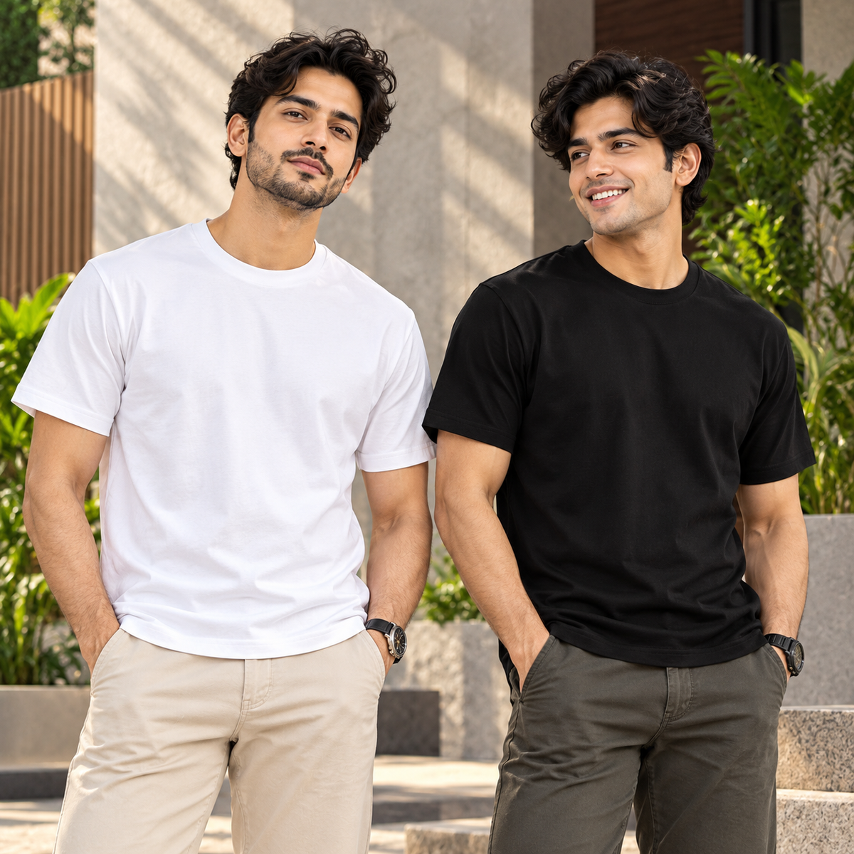 Bhokals Round Neck - Black & White Regular T-Shirts - Pack of 2