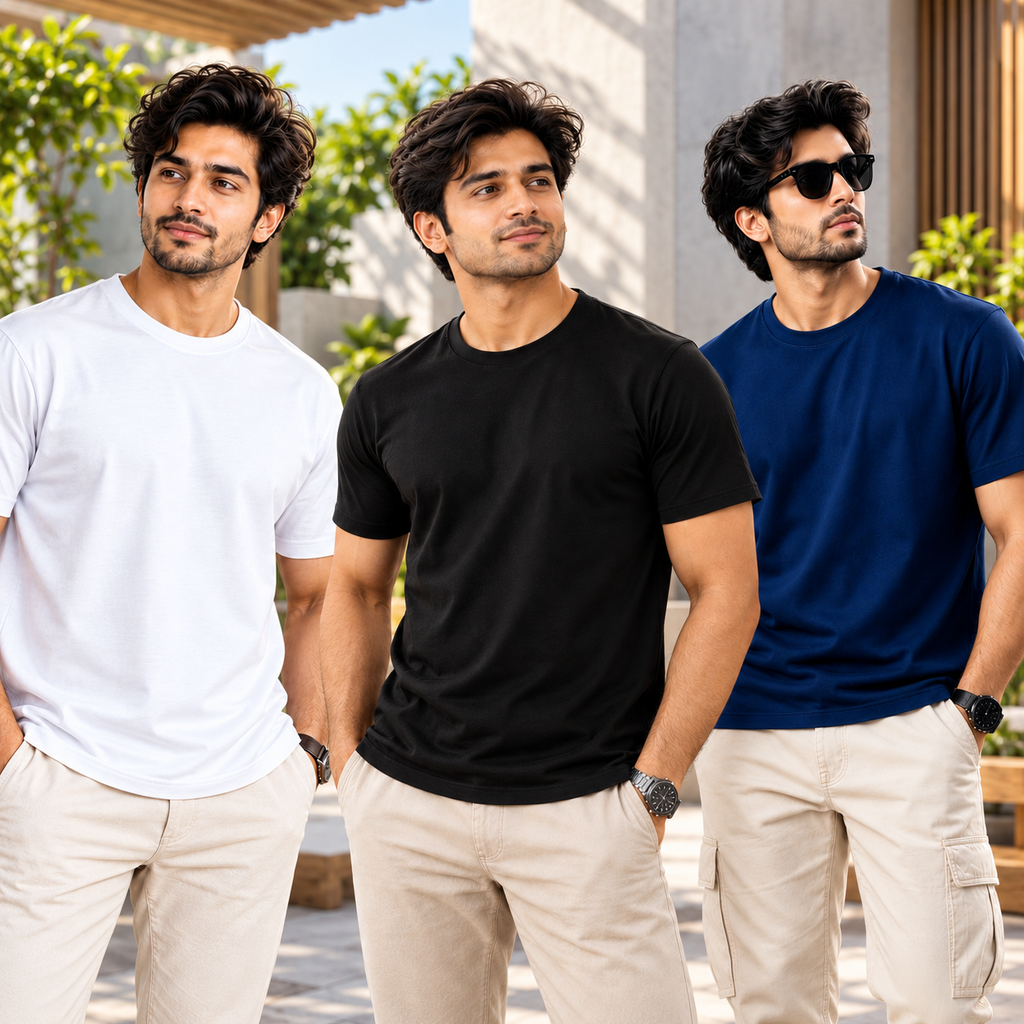 Bhokals Round Neck - White, Black, & Blue Regular T-Shirts - Pack of 3
