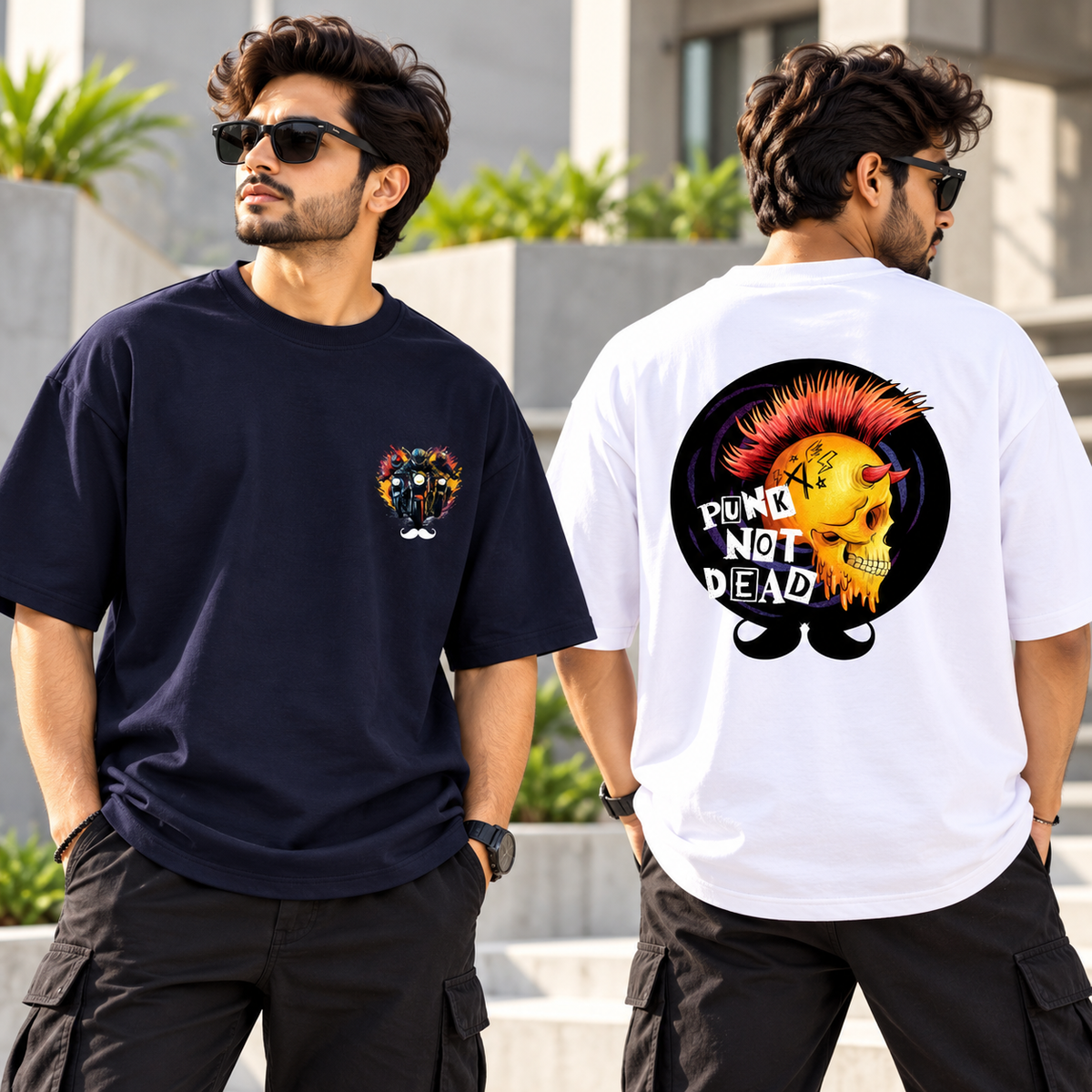 BHOKALS Men's Oversized Printed T-Shirt Combo Pack of 2 – Blue Biker & White Punk Graphic Tees