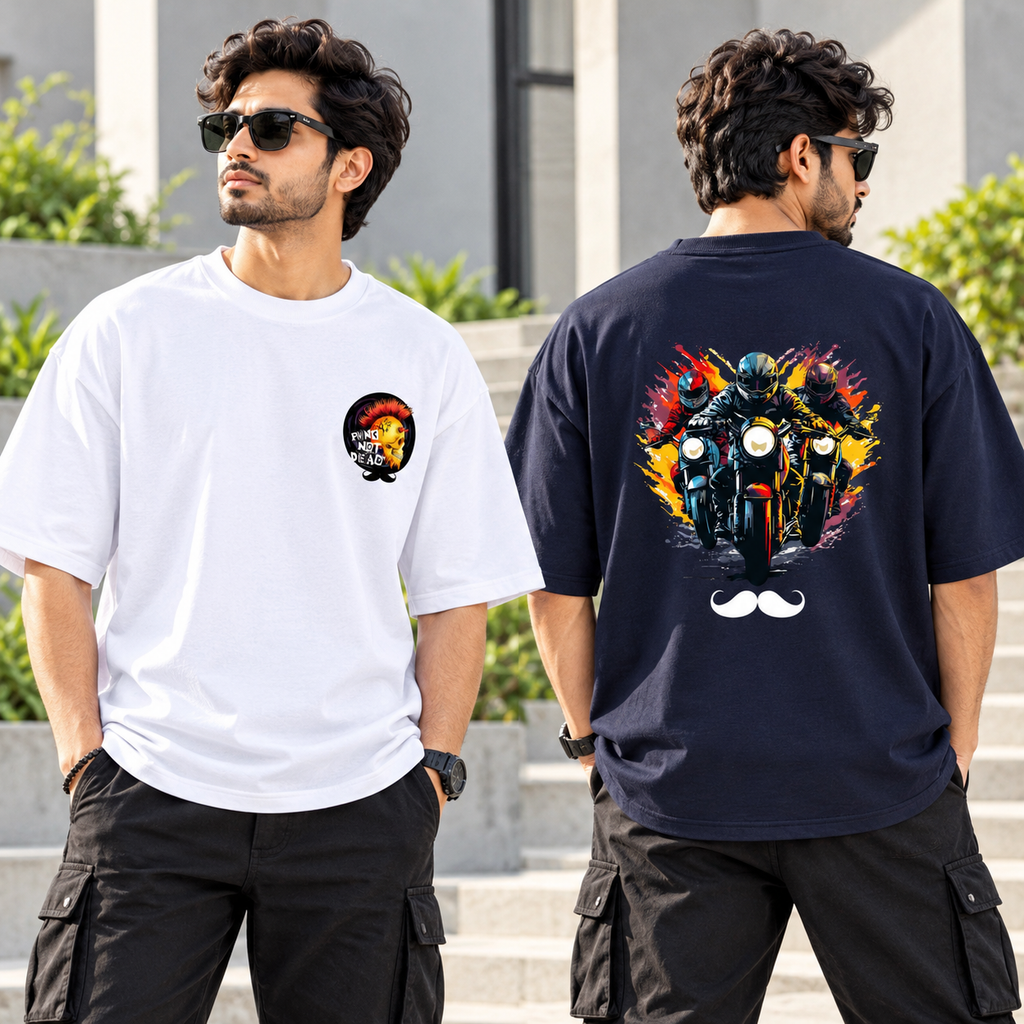 BHOKALS Men's Oversized Printed T-Shirt Combo Pack of 2 – Blue Biker & White Punk Graphic Tees