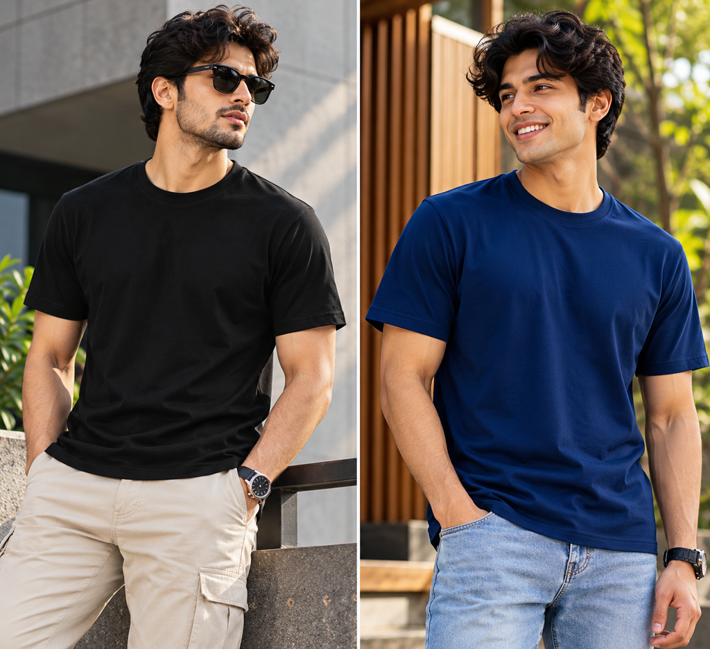 Bhokals Round Neck - Black & Blue Regular T-Shirts - Pack of 2