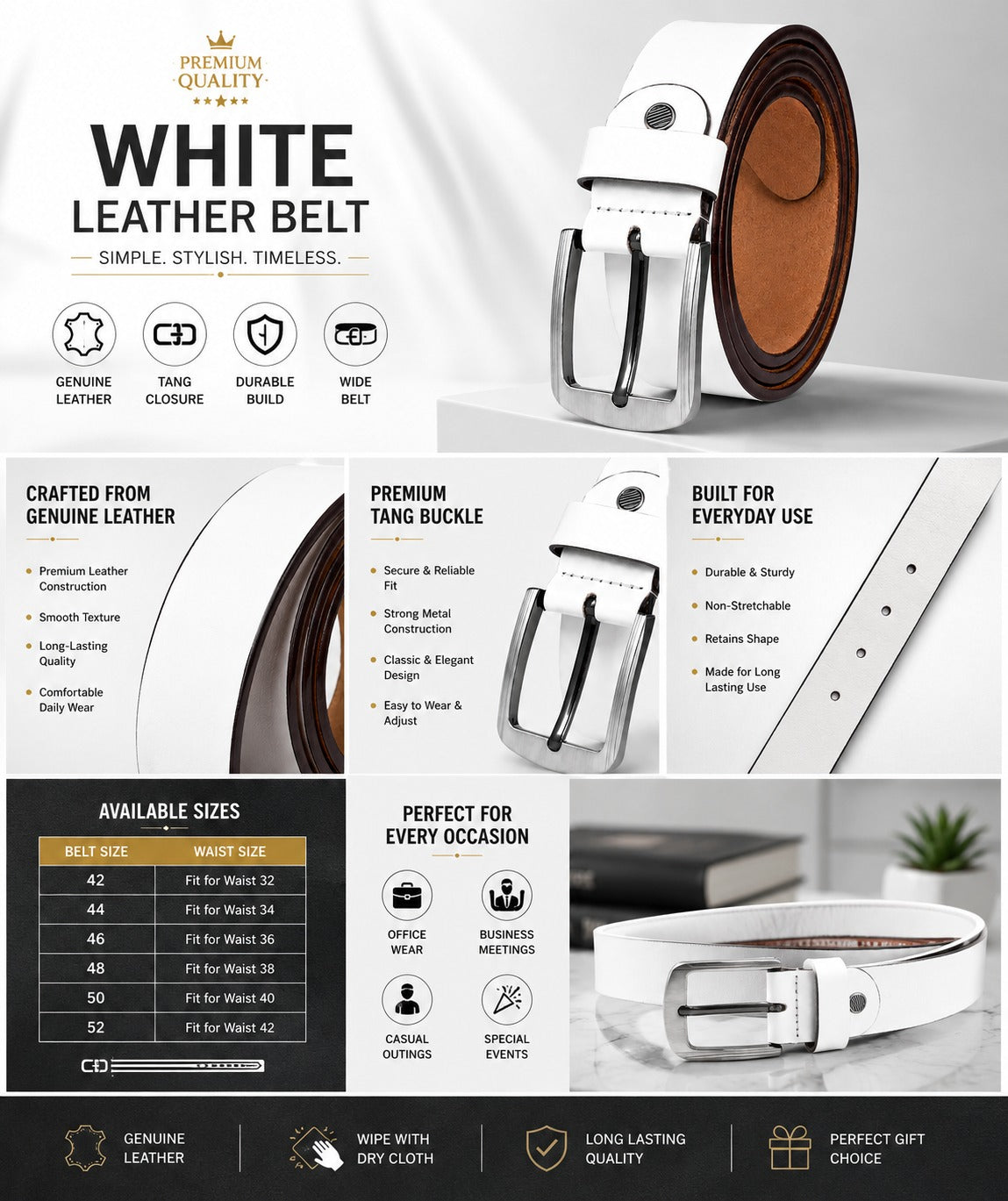 Bhokals Men White Grain Leather Belt