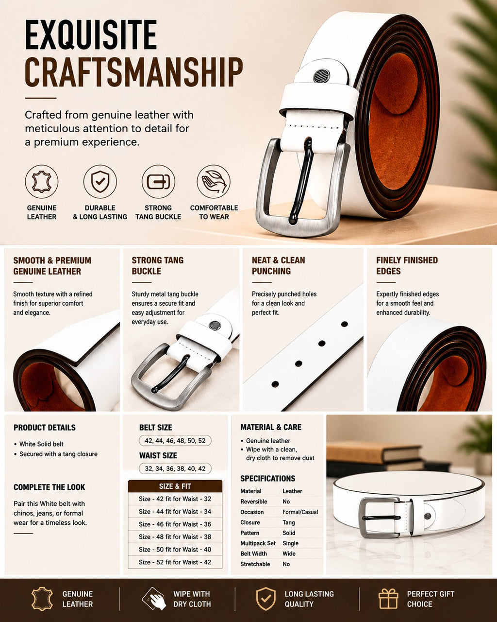 Bhokals Men White Grain Leather Belt