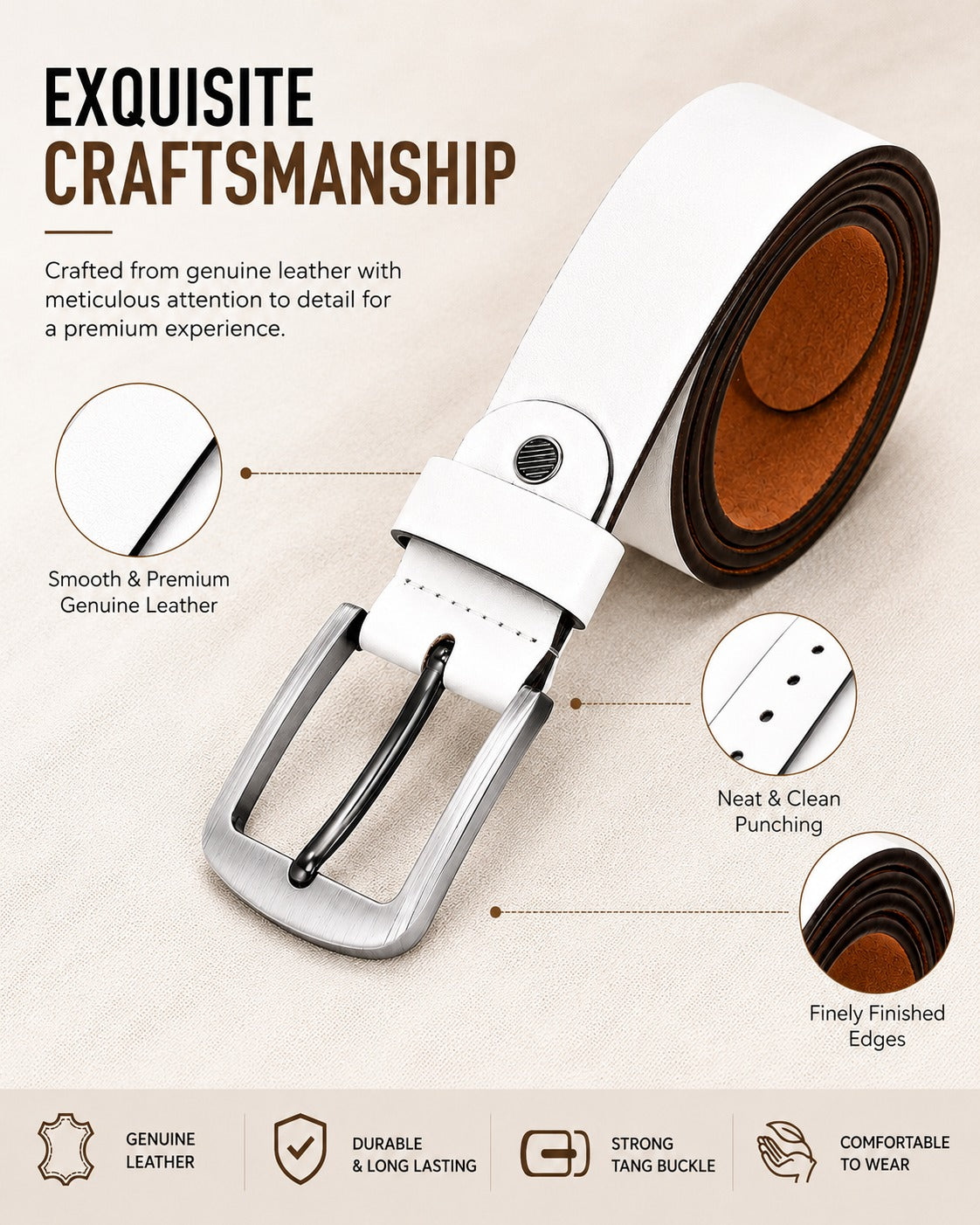 Bhokals Men White Grain Leather Belt