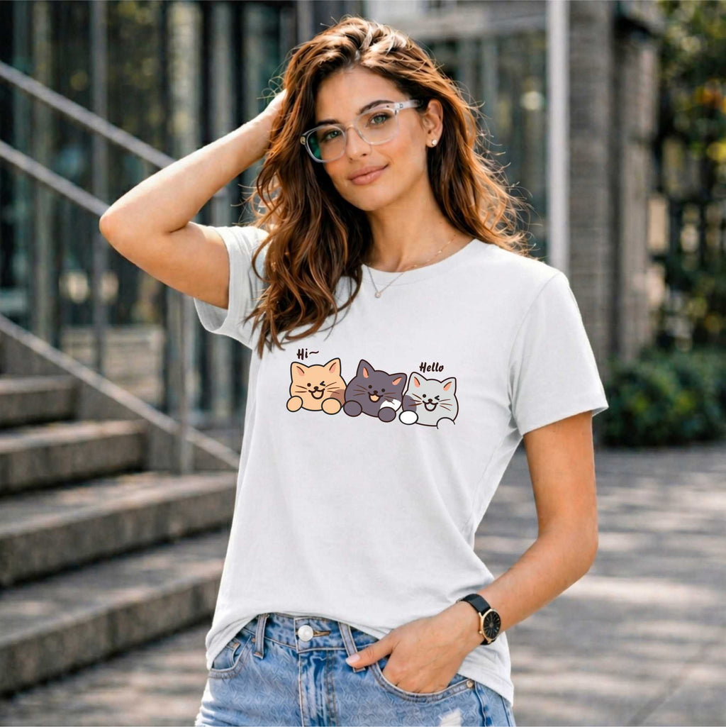 BHOKALS "Catties" Printed Women Cotton T-Shirt | Round Neck | Super Soft | Regular Fit