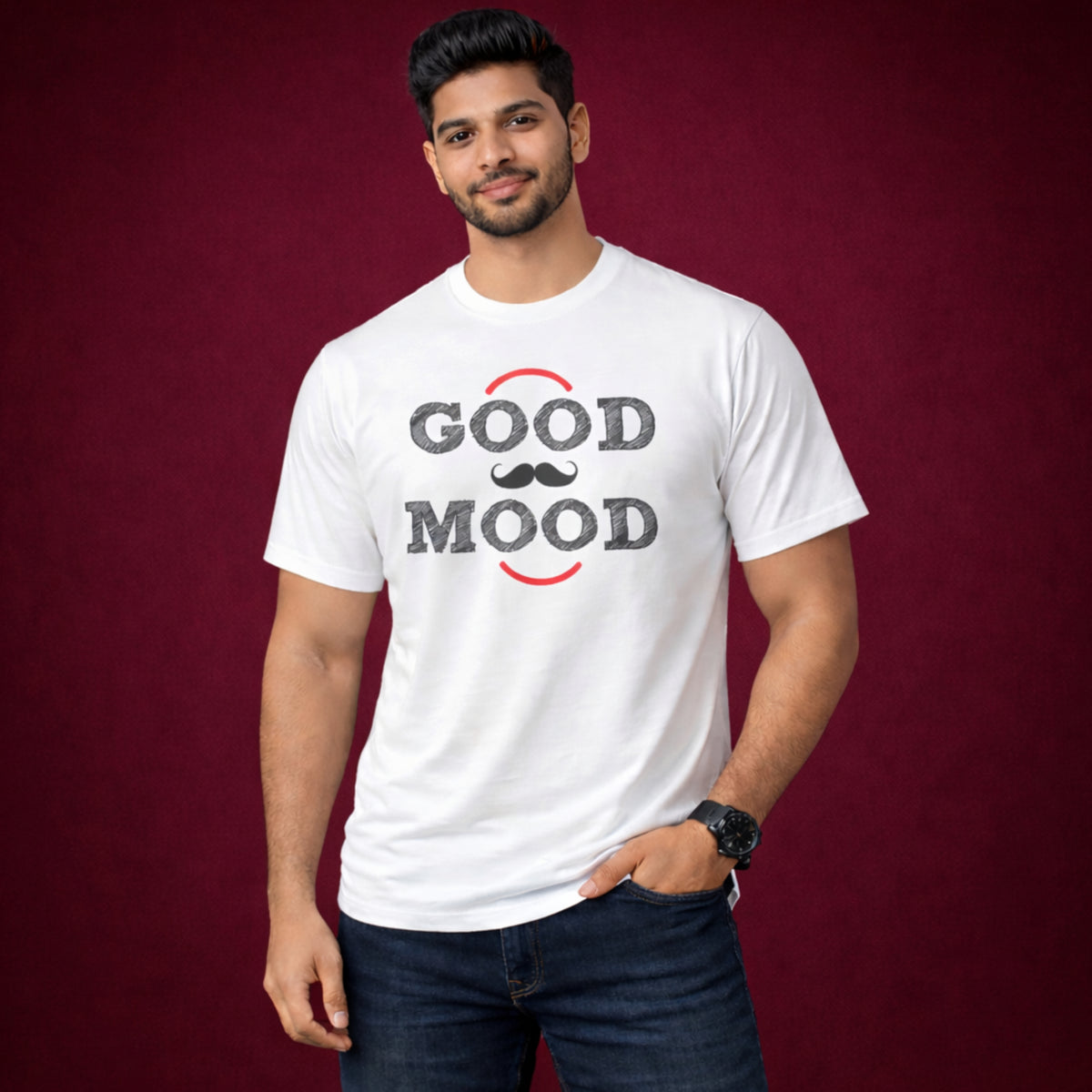 Good Mood Printed Round Neck Cotton Men T-Shirt