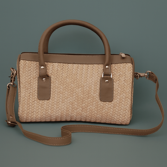 Leather Cream Grey Strip Weave Women Hand Bag