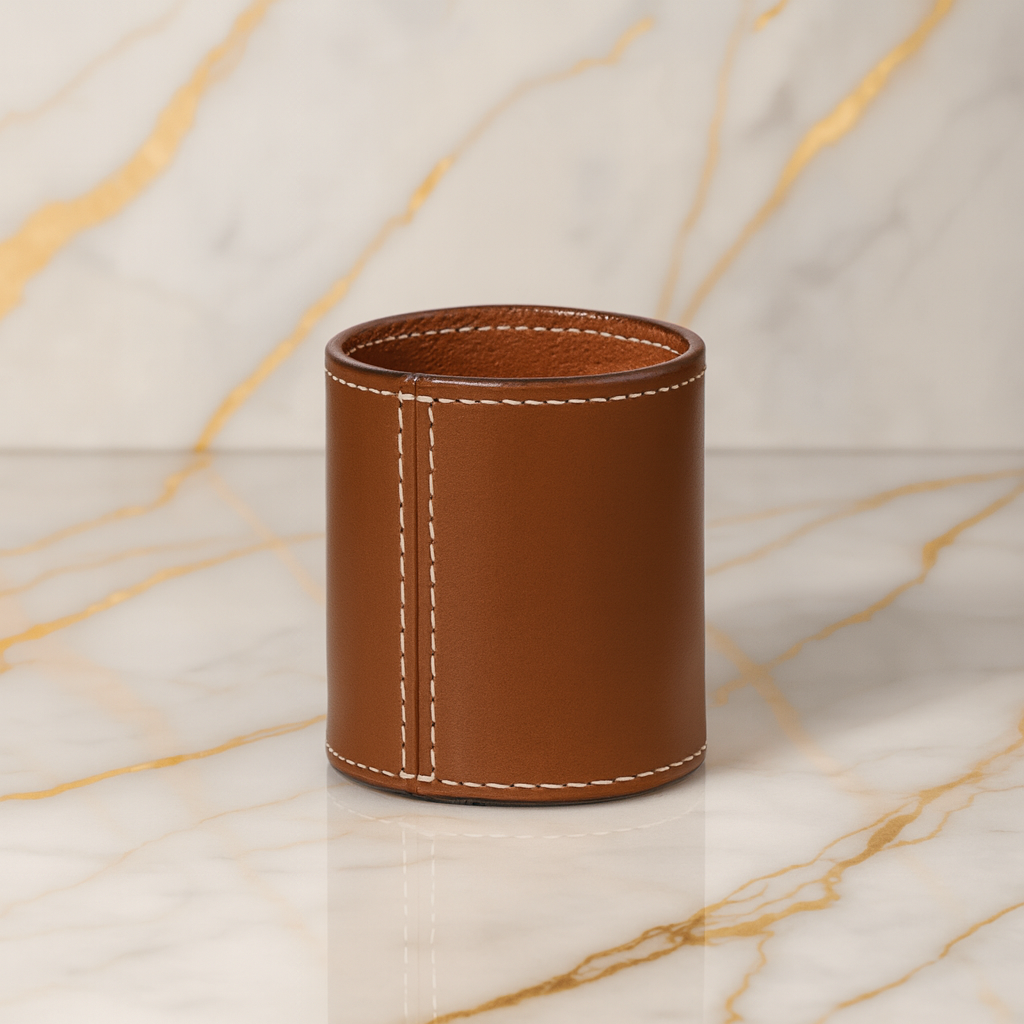 Leather Brown Round Pen Holder
