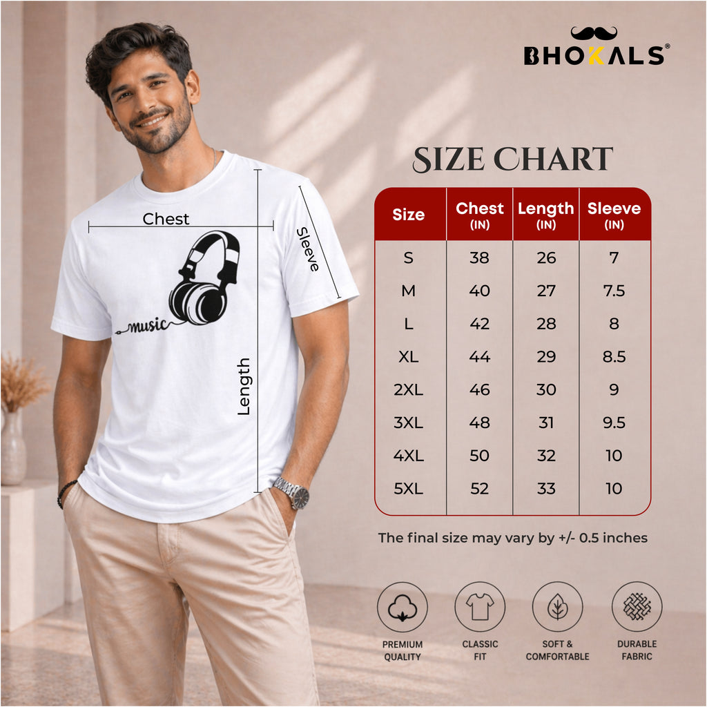 Bhokals "Music" Printed Round Neck, Cotton, Super Soft T-Shirt