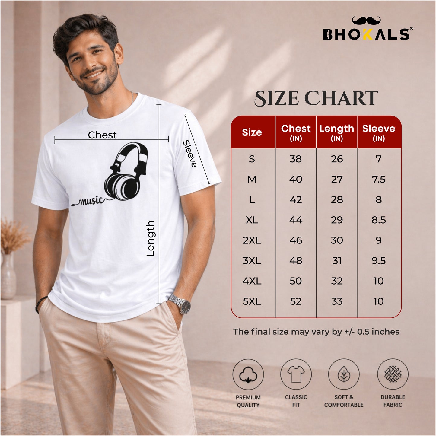 Bhokals "Music" Printed Round Neck, Cotton, Super Soft T-Shirt