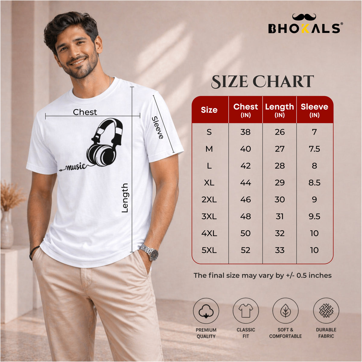 Bhokals "Music" Printed Round Neck, Cotton, Super Soft T-Shirt