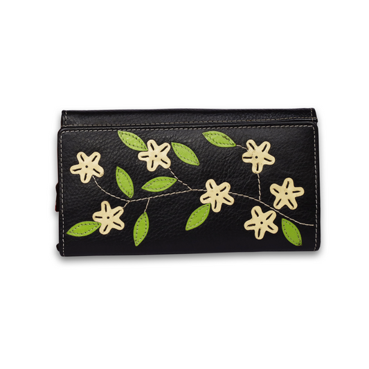 Leather Black Cream Flower Women Wallet