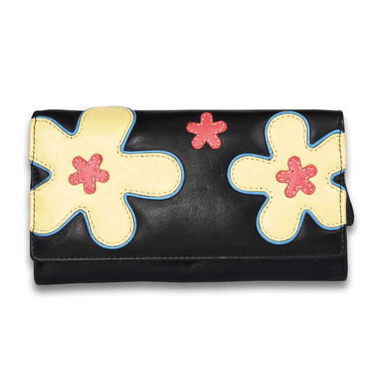 Leather Solid Black Big Flower Women Wallet