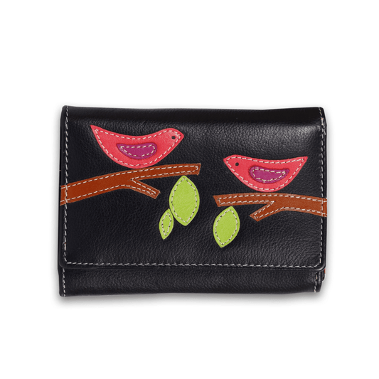 Leather Solid Black Red Bird Women Wallet