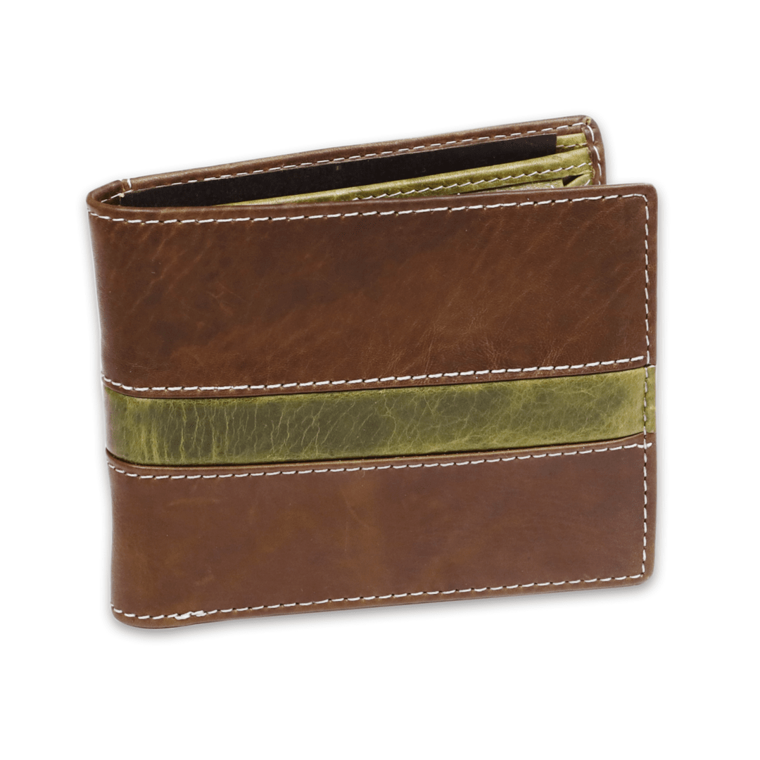 Leather Brown Green Strip Men Wallet
