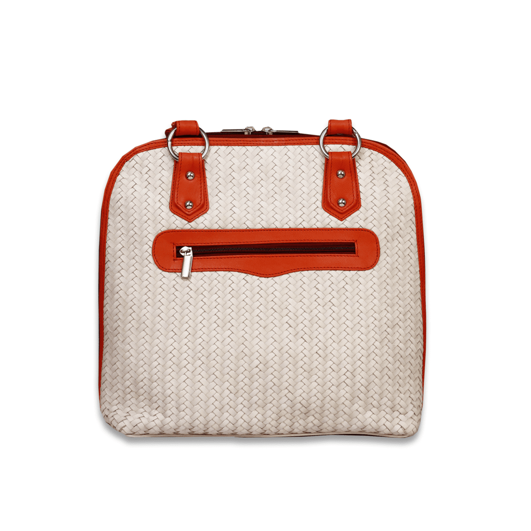 Leather White Red Strip Weave Women Hand Bag