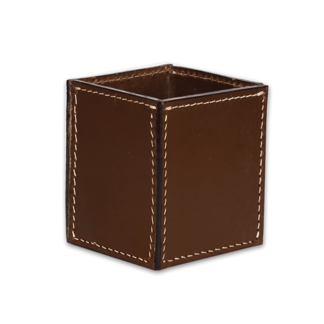 Leather Solid Brown Square Pen Holder