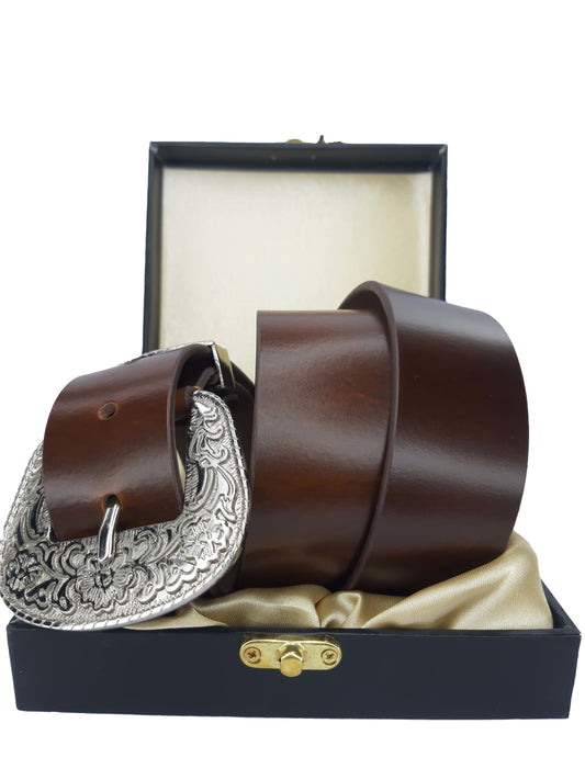 Bhokals Maharaja Men  Silver Buckle  Brown Leather Belt